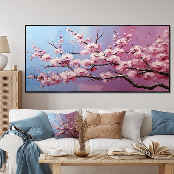 Designart "Whispering Cherry Blossoms in Pink I" Extra Large Floral Framed Wall Art - Traditional Pink Flowers Living Room Framed Canvas Art