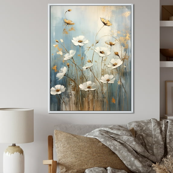 Designart "Whispering Gardens Of Beige Wildflowers I" Wildflowers Floater Framed Wall Art Living Room