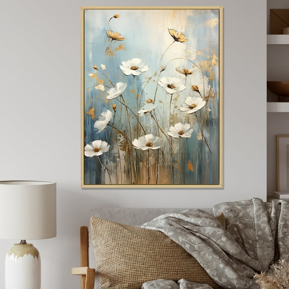 Designart "Whispering Gardens Of Beige Wildflowers I" Wildflowers Floater Framed Wall Art Living Room