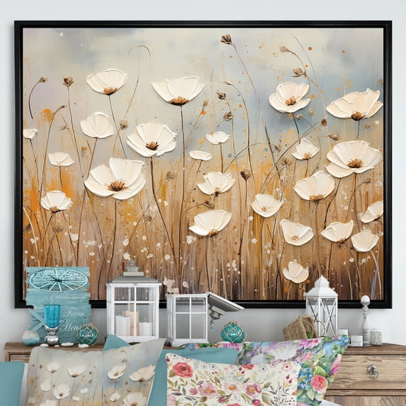 Designart "Whispering Gardens Of Beige Wildflowers III" Wildflowers Floater Framed Canvas Prints