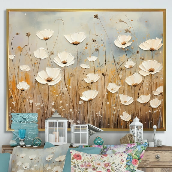 Designart "Whispering Gardens Of Beige Wildflowers III" Wildflowers Floater Framed Canvas Prints