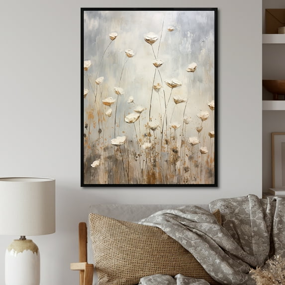 Designart "Whispering Gardens Of Beige Wildflowers IV" Wildflowers Floater Framed Wall Decor