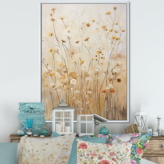 Designart "Whispering Gardens Of Beige Wildflowers VI" Wildflowers Floater Framed Wall Art Prints