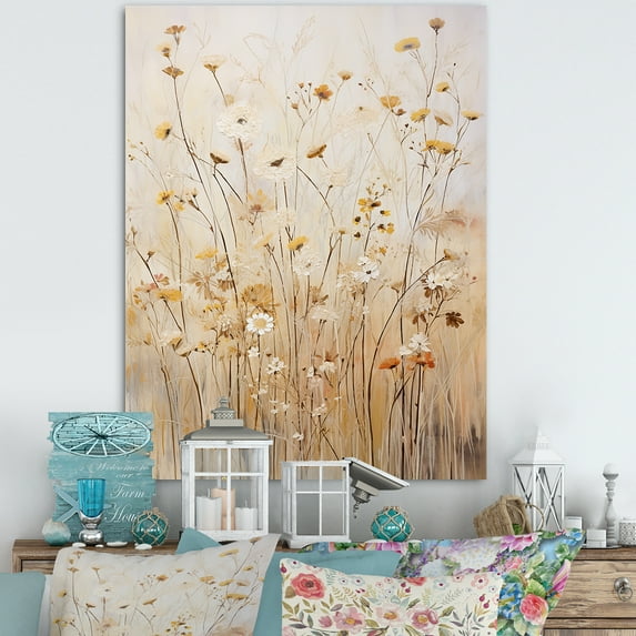 Designart "Whispering Gardens Of Beige Wildflowers VI" Wildflowers Wall Art Prints