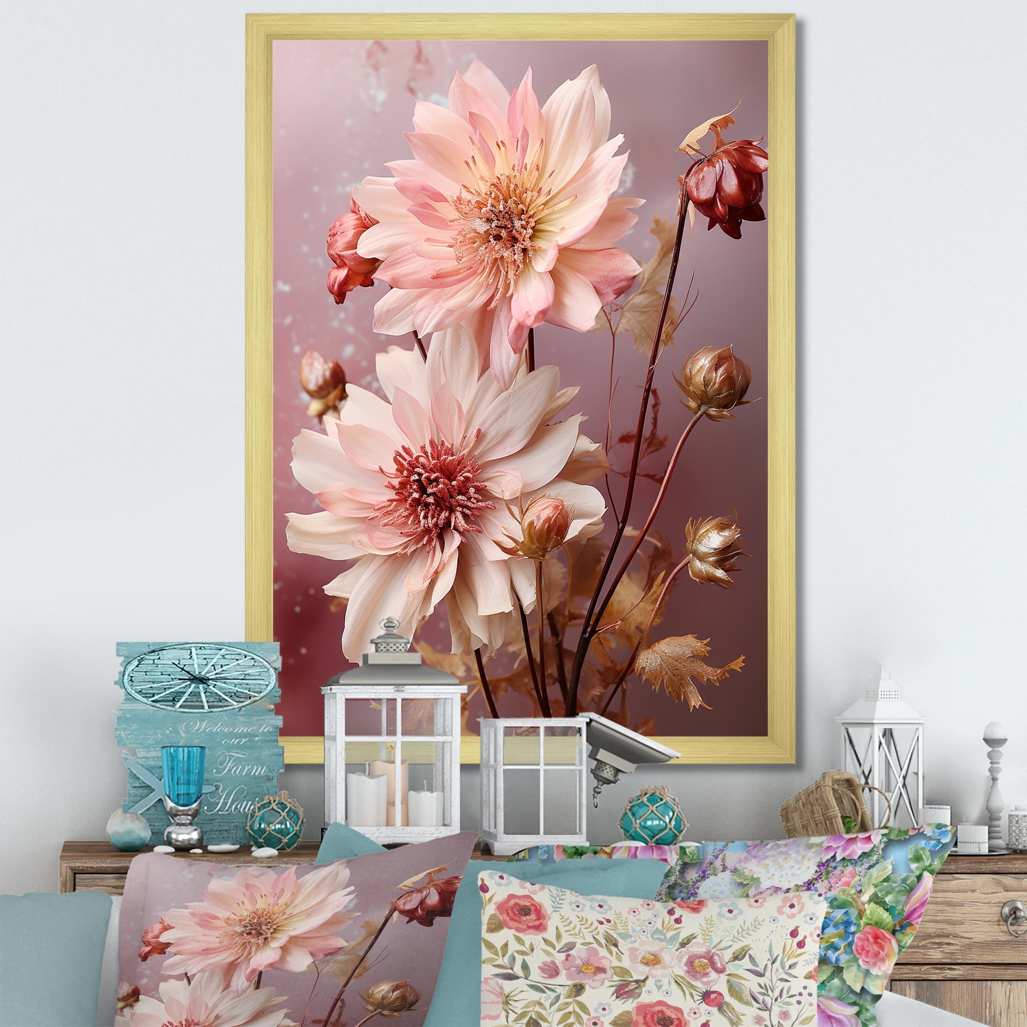 Designart "Whispering Pink Fall Petals" Floral Framed Wall Art