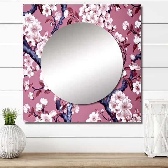 Designart "Whispering Sakura Blossoms I" Floral Square Mirror Wall Decor Traditional - Large White Square Bathroom Mirror - Square Printed Wall Mirror Art