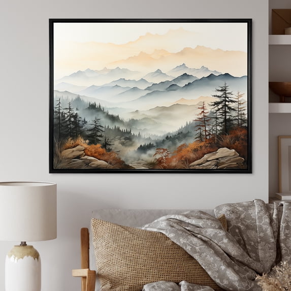 Designart "Whispering Serenity Of A Mountain Morning I" Landscape Mountains Floater Framed Canvas Art Print