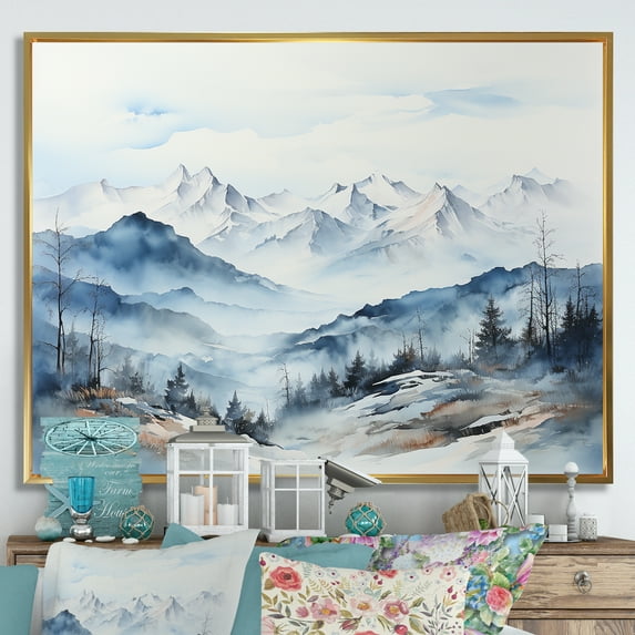 Designart "Whispering Serenity Of A Mountain Morning III" Landscape Mountains Floater Framed Wall Art Living Room