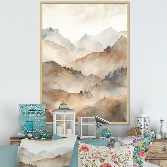 Designart "Whispering Serenity Of A Mountain Morning" Landscape Mountains Floater Framed Wall Decor
