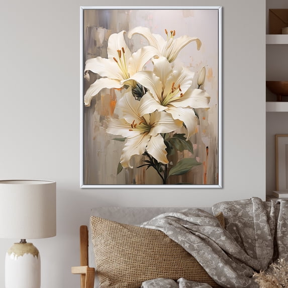 Designart "Whispers Of Pure Lily Beauty In Beige And Gold II" Lilies Floater Framed Canvas Prints