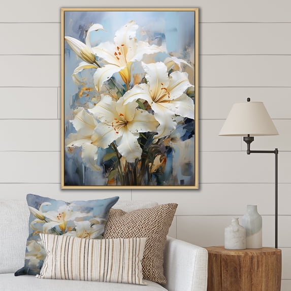 Designart "Whispers Of Pure Lily Beauty In Beige And Yellow" Lilies Floater Framed Wall Decor