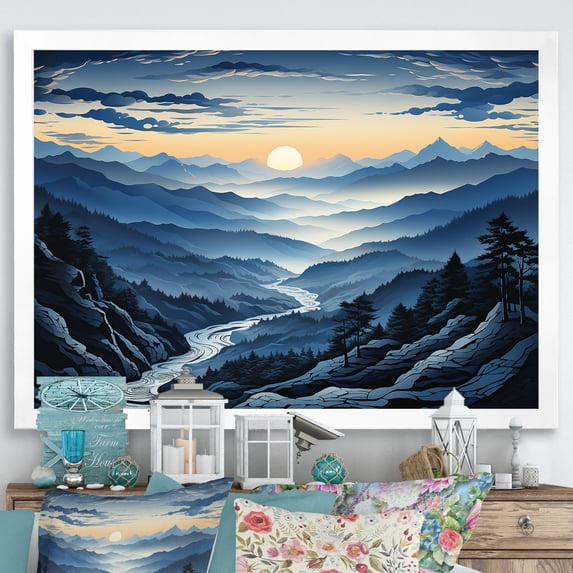 Designart "Whispers of Winter Blue and White Majesty II" Landscapes Framed Wall Art Decor - Country Blue Mountains Entryway Framed Wall Art Print