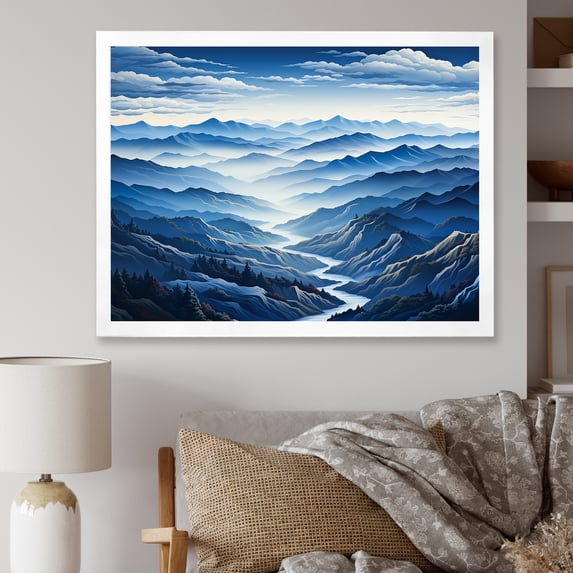 Designart "Whispers of Winter Blue and White Majesty III" Landscapes Framed Wall Art Decor - Country Blue Mountains Bedroom Framed Canvas Wall Art