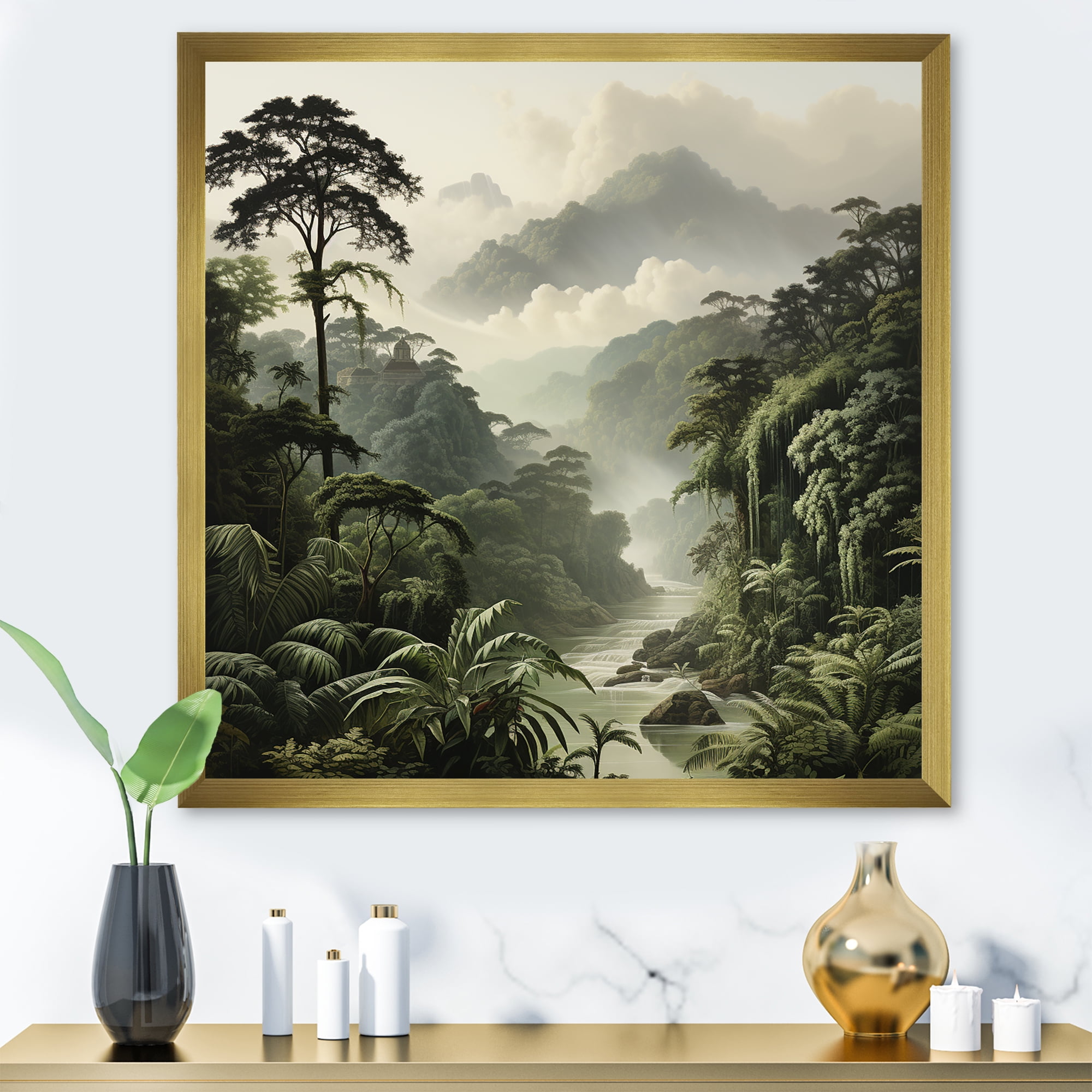 Vintage Green Jungle Landscape Print on Canvas with Gold Frame