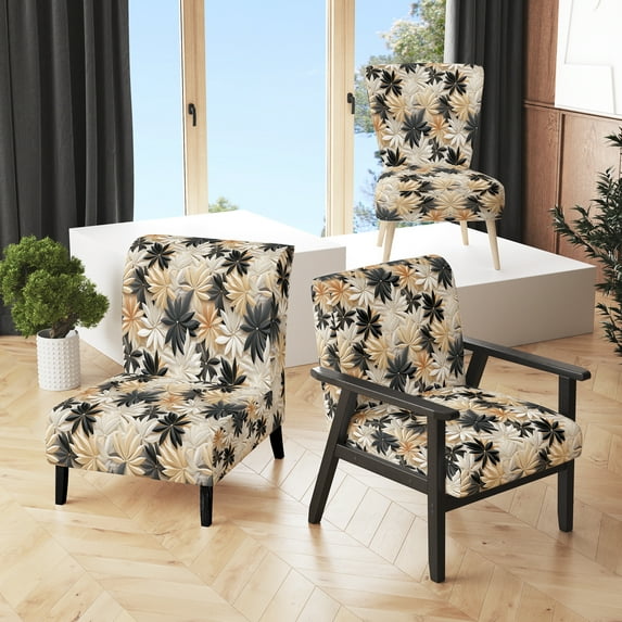 Designart "White And Black Minimalist Flowers Serenity" Upholstered Cottage Accent Chair and Cottage Arm Chair - Multiple Color & Pattern