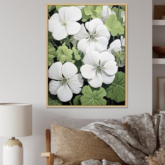 Designart "White And Green Geraniums In Minimalism" Geraniums Floater Framed Canvas Prints