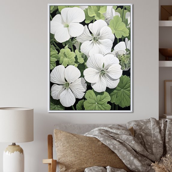 Designart "White And Green Geraniums In Minimalism" Geraniums Floater Framed Canvas Prints