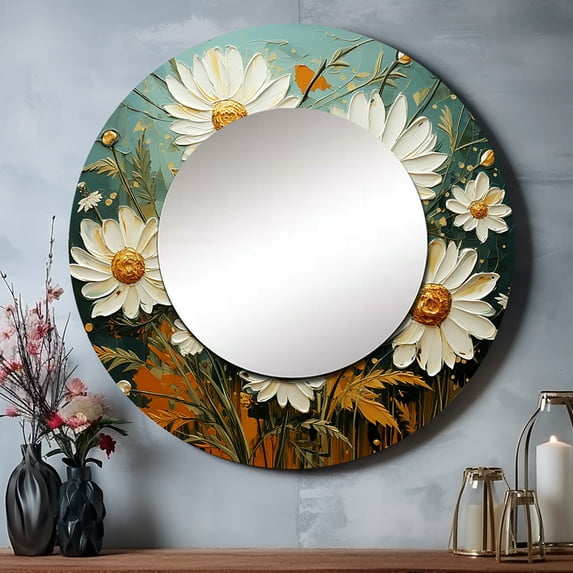 Designart "White And Teal Daisy Charm II" Daisies Rund Mirror For Wall Decor - Large White Round Printed Mirror - Traditional Round Mirror 23" x 23" Inch