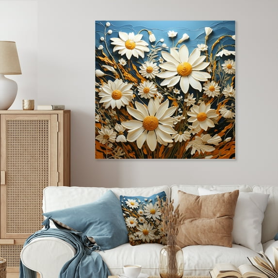 Designart "White And Teal Daisy Charm IV" Landscapes Metal Wall Art
