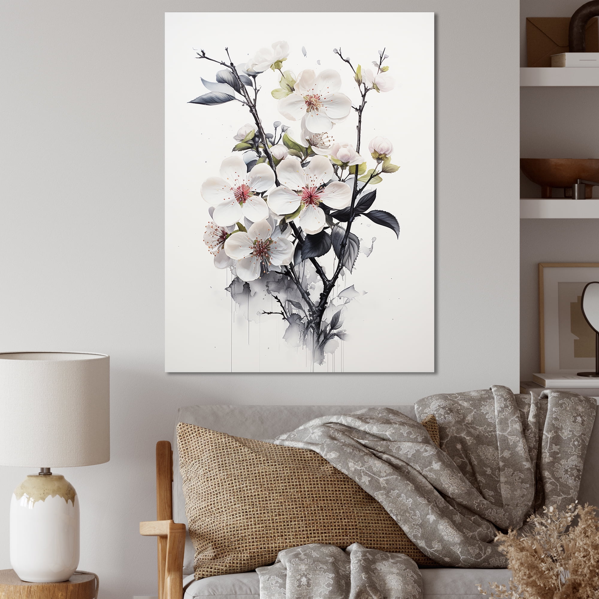 White and Gray Minimalist Apple Blossom Canvas Art