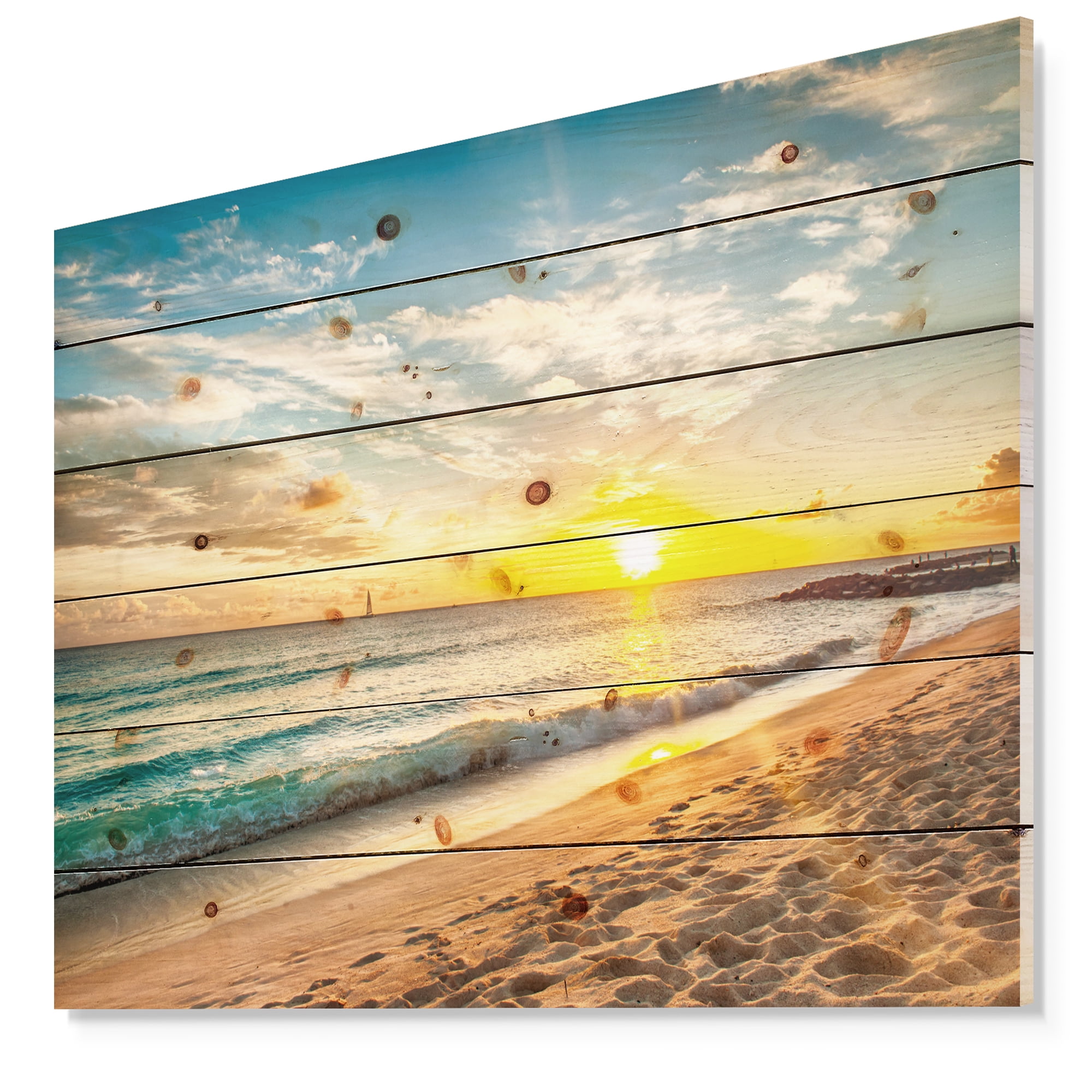 Designart 'White Beach in Island of Barbados' Modern Seascape Print on Natural Pine Wood