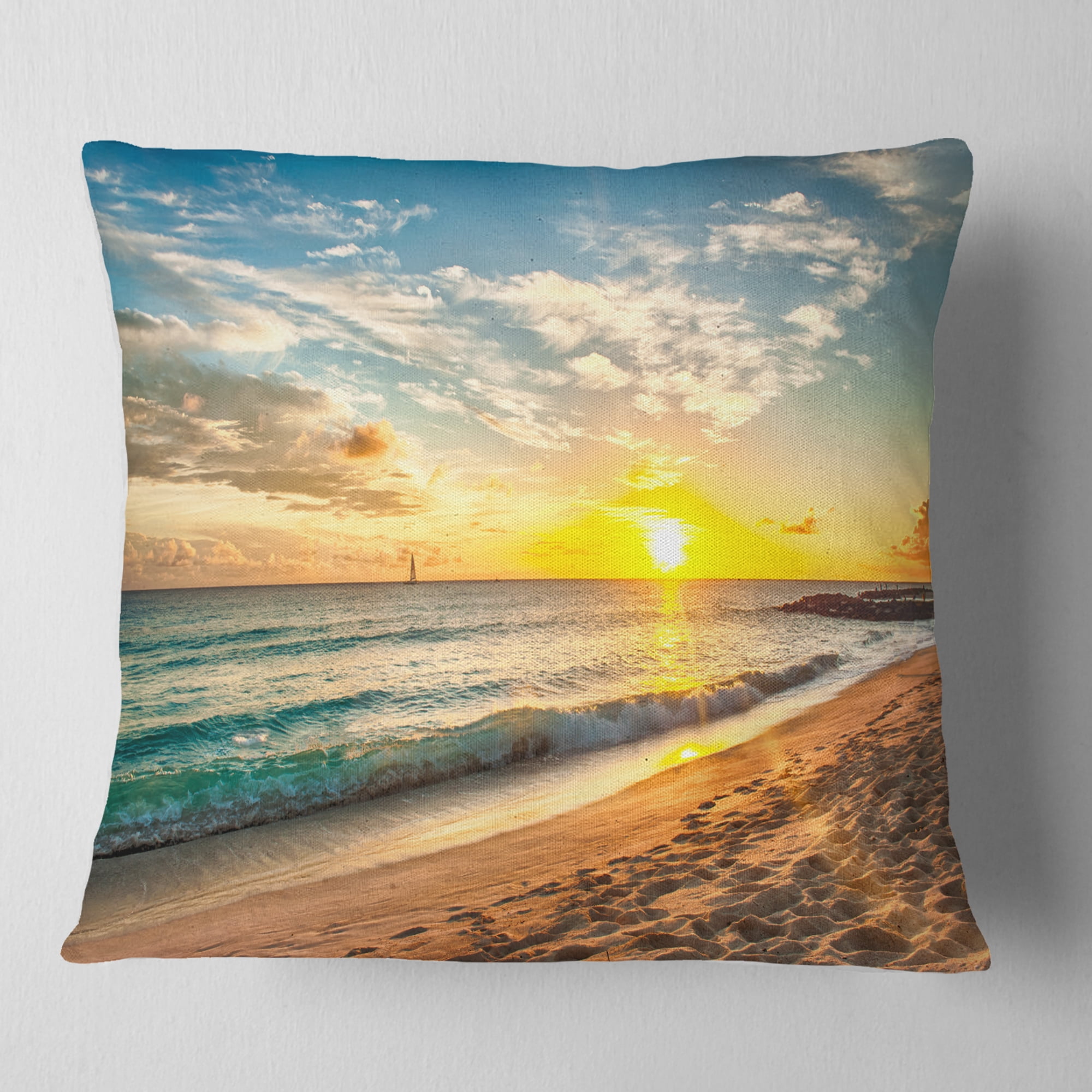Designart White Beach in Island of Barbados - Modern Seascape Throw Pillow - 18x18