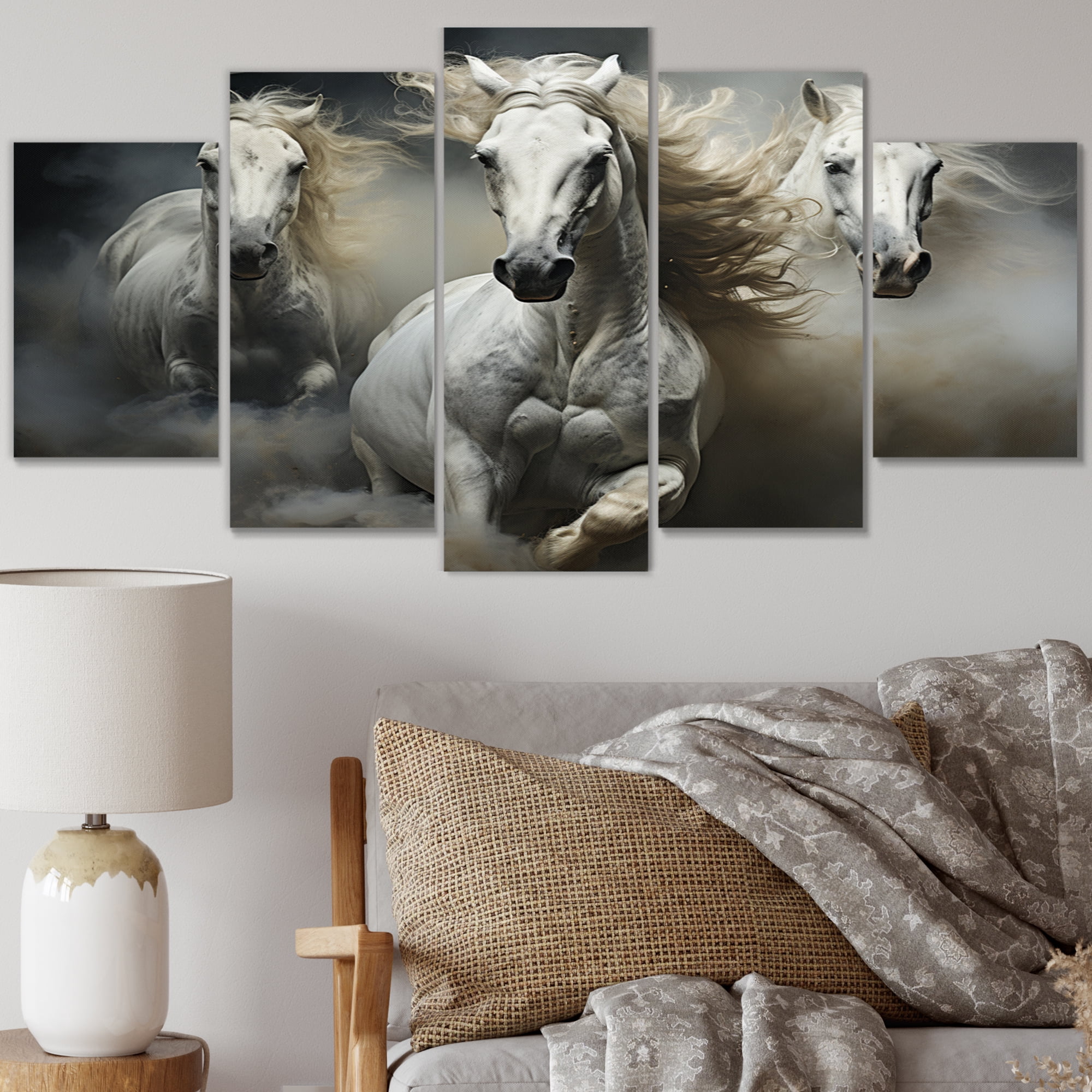 Designart "White Beige Horse Equine euphony" Animals Art Living Room ...