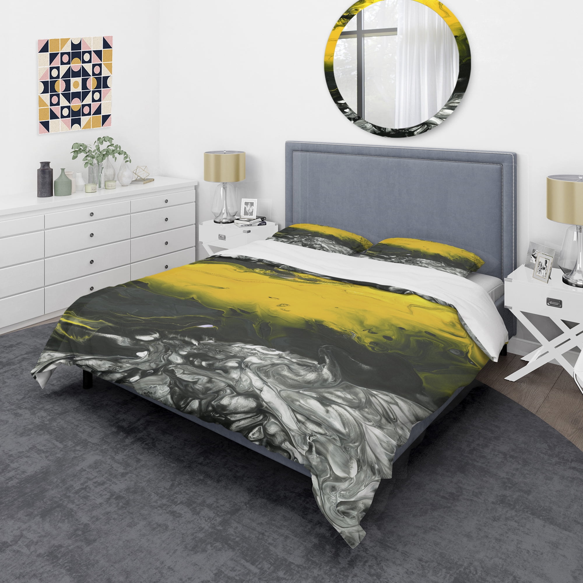 Designart 'White, Black and Yellow Marbled Acrylic Painting' Modern & Contemporary Duvet Cover Set