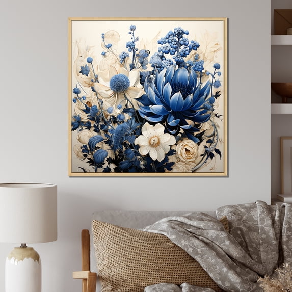 Designart "White Bloom Blue Bonnets Arrangement I" Blue Bonnets Floater Framed Wall Art Living Room