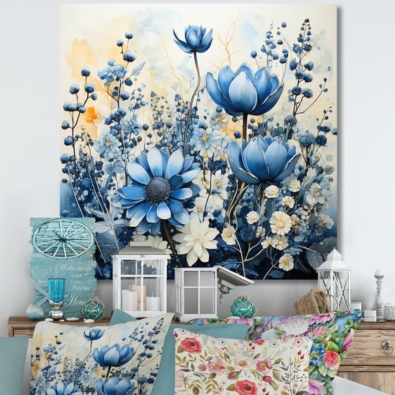 Designart "White Bloom Blue Bonnets Arrangement II" Blue Bonnets Canvas Prints