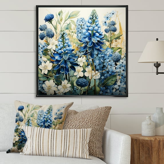 Designart "White Bloom Blue Bonnets Arrangement IV" Blue Bonnets Floater Framed Canvas Art Print