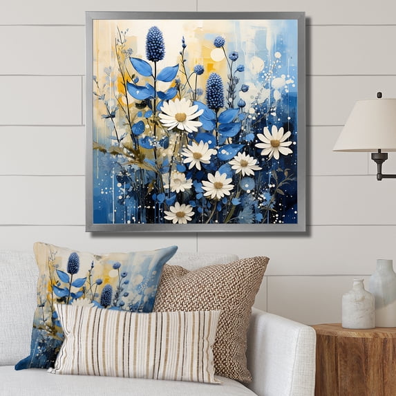 Designart "White Bloom Blue Bonnets" Blue Bonnets Picture Framed Canvas Wall Art