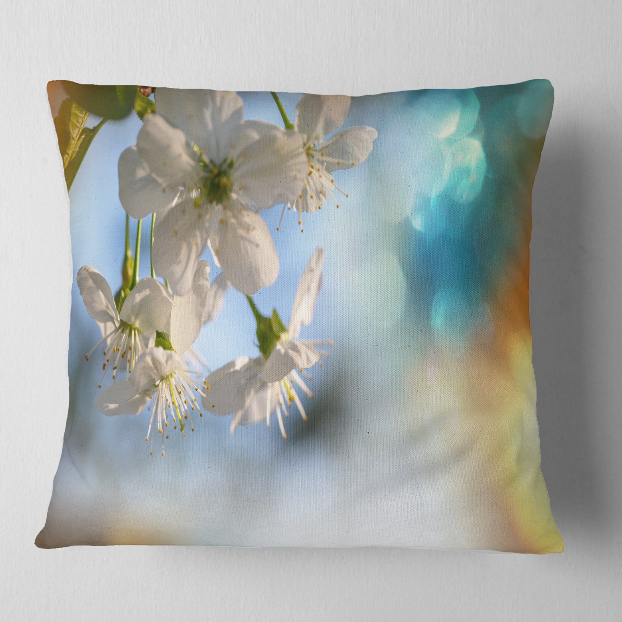 Designart White Blossoming Cherry Tree - Floral Throw Pillow - 16x16