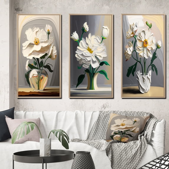 Designart "White Blossoming Flowers Still Life I" Floral Framed Wall Art Set Of 3 - White Traditional Frame Gallery Set For Office Decor
