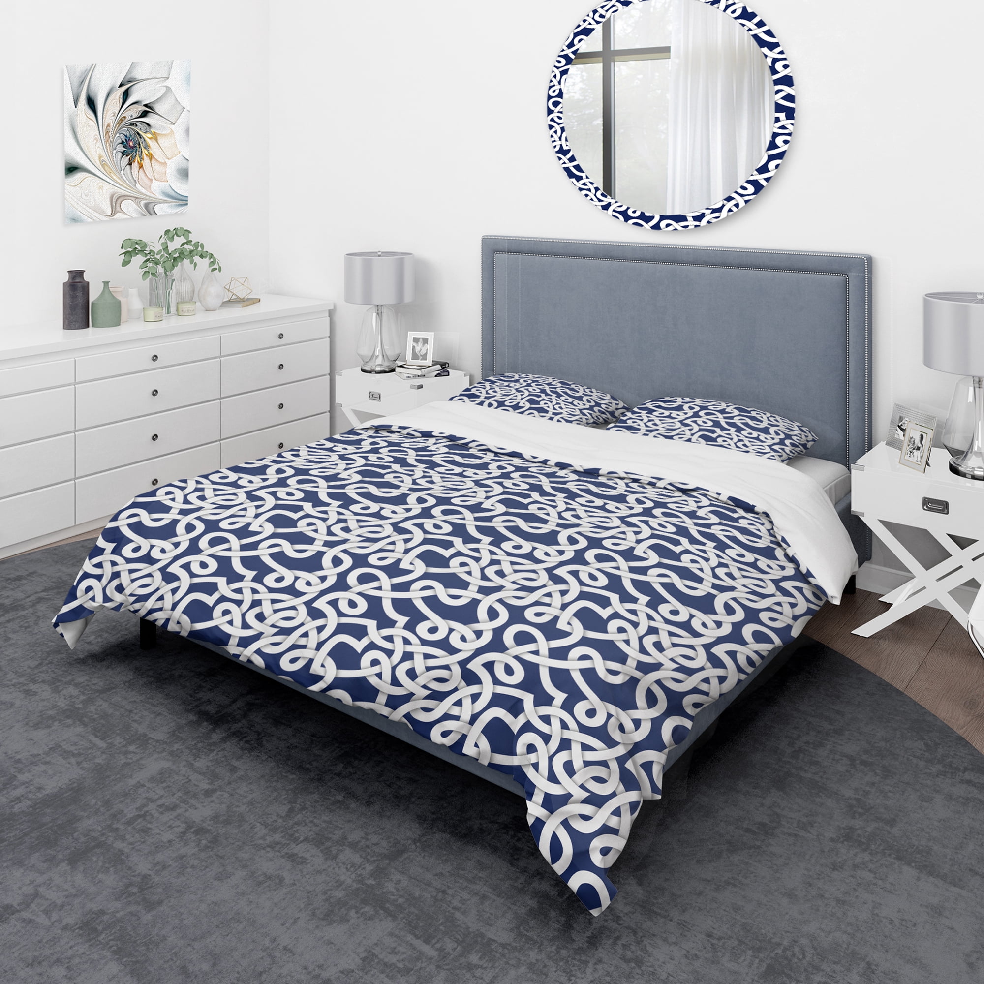 Designart 'White & Blue Abstract Pattern' Mid-Century Modern Duvet Cover Set