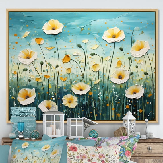 Designart "White Blue Buttercups landscape Pointillism Dot" Floral Floater Framed Wall Art Print