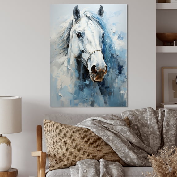 Designart "White Blue Horse Serenity Revealed Painting II" Animals Metal Wall Decor