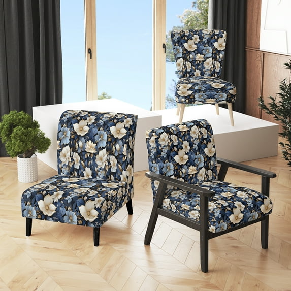 Designart "White Blue Nightfall Floral Elegance I" Upholstered Floral Accent Chair and Cottage Arm Chair - Multiple Color & Pattern