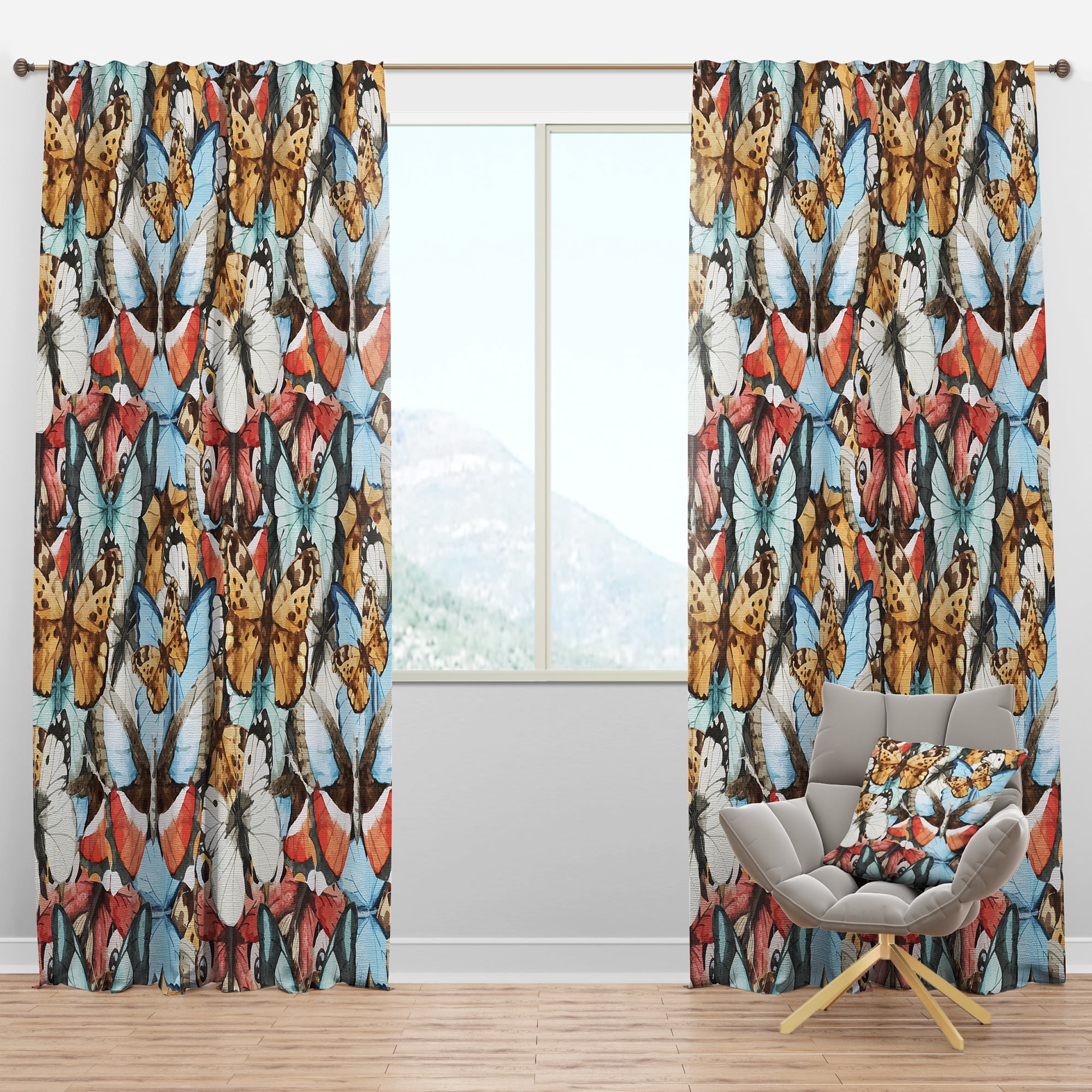 Designart 'White Blue Red and Brown Butterfly Pattern' Animals Blackout Curtain Panel