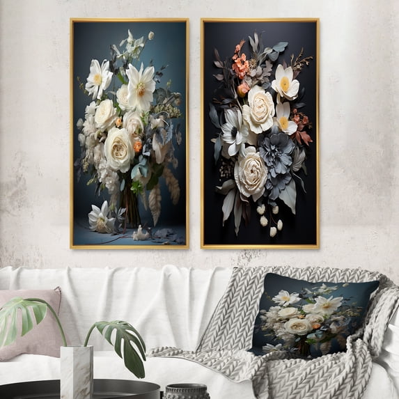 Designart "White Blue Seasonal Flowers Seasonal gracefulness II" Seasonal Flowers Framed Wall Art Set Of 2 - White Floral Gallery Wall Frame Set For Home Decor