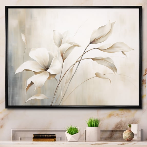 Designart "White Botanical gracefulness III" Abstract Botanicals Floater Framed Wall Decor