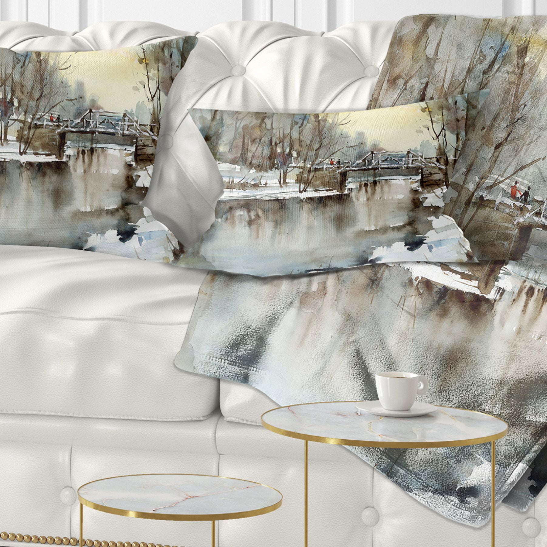 Designart White Bridge Over River - Landscape Printed Throw Pillow - 12x20