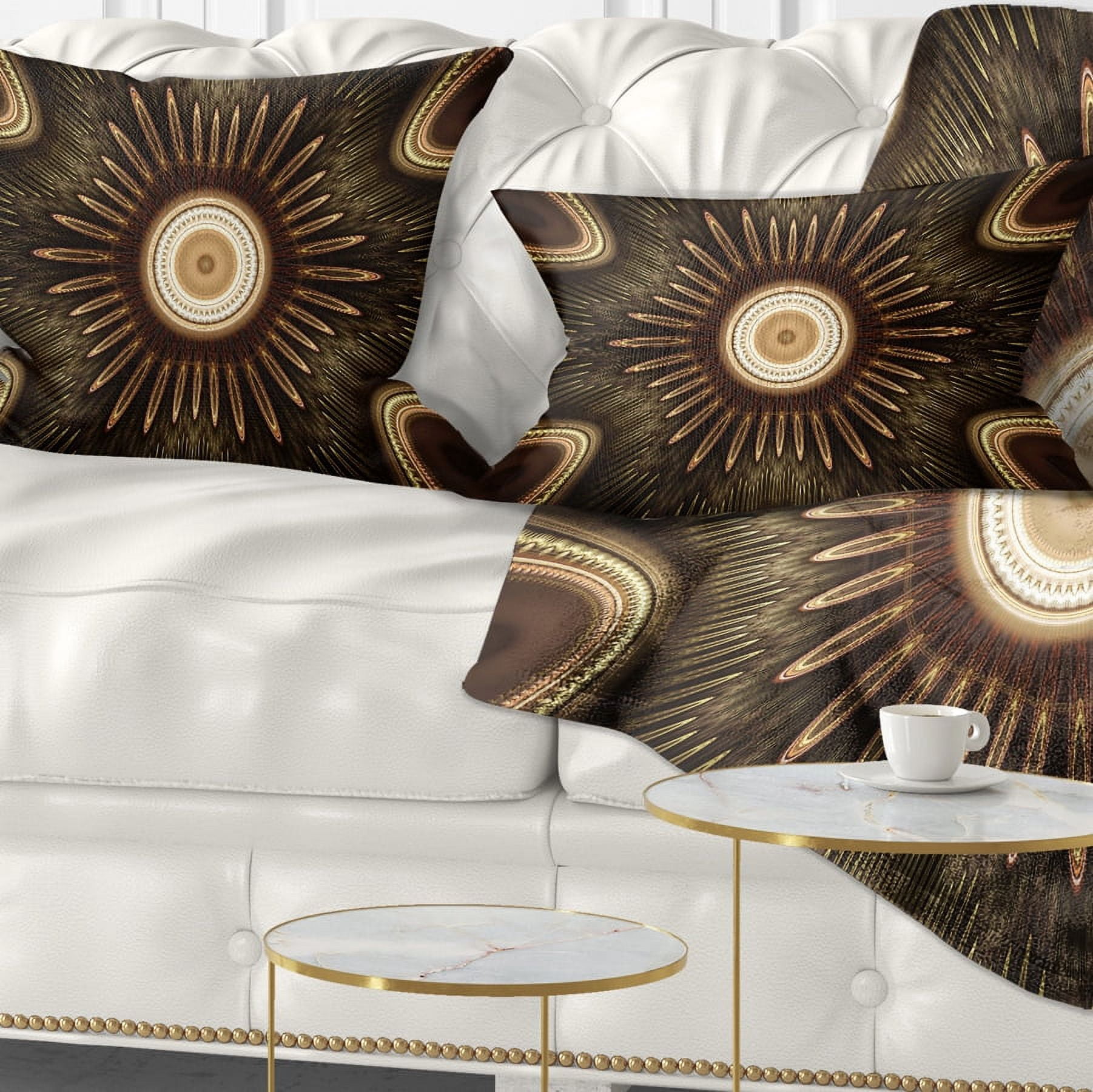 Designart White Brown Rounded Fractal Flower - Floral Throw Pillow - 12x20