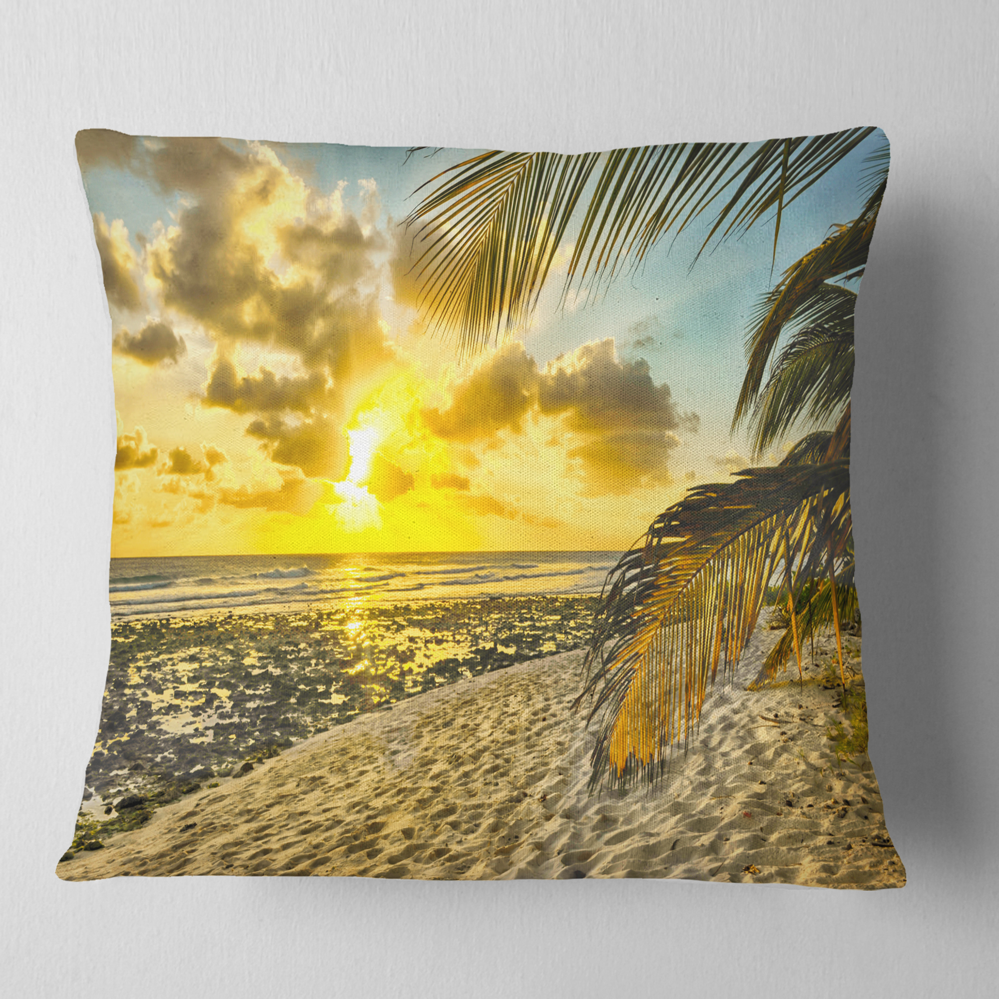 Designart White Caribbean Beach with Palms - Landscape Printed Throw Pillow - 16x16