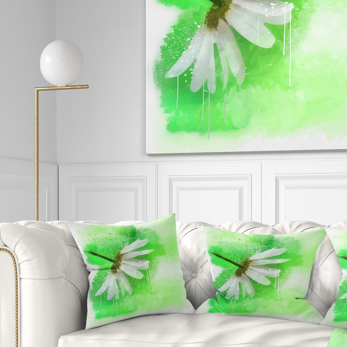 Designart White Chamomile with Green Splashes - Floral Throw Pillow - 16x16