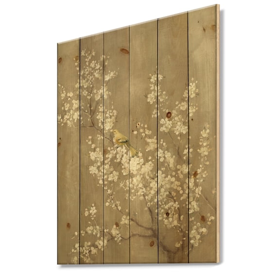 Designart 'White Cherry Blossom III' Farmhouse Print on Natural Pine Wood