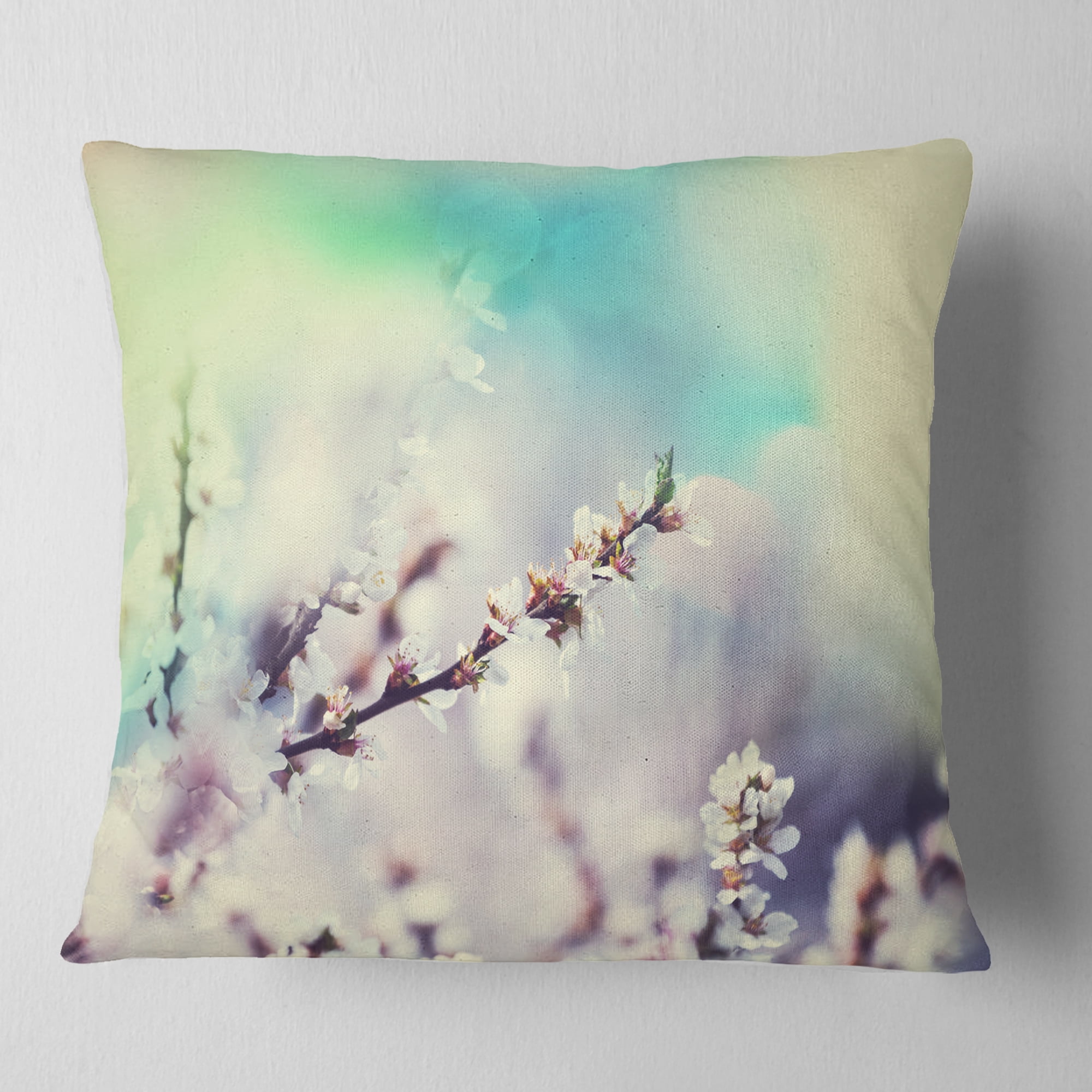 Designart White Cherry Blossoming Flowers - Floral Throw Pillow - 16x16