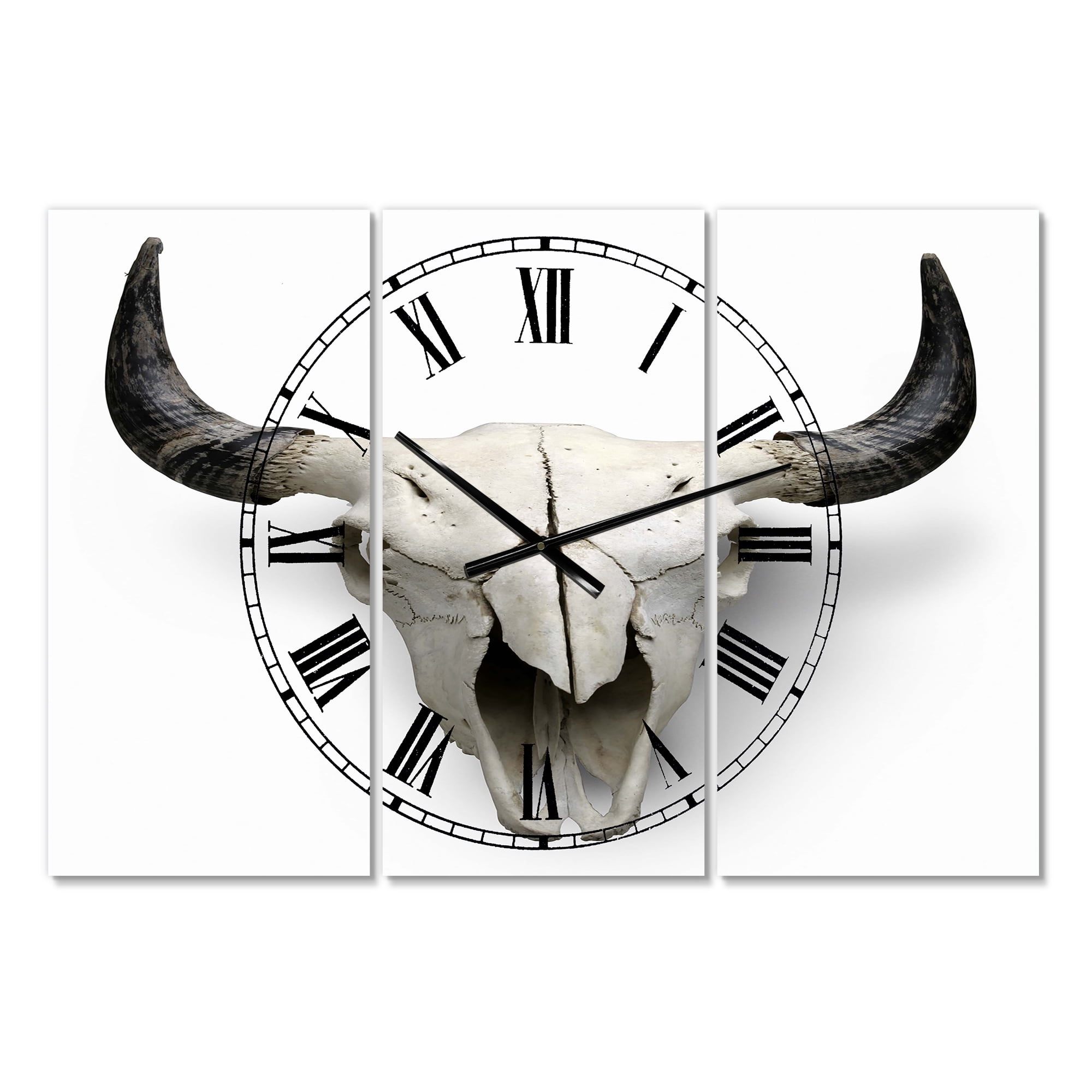 Designart 'White Cow Skull With Black Horns' Oversized Farmhouse Wall Clock