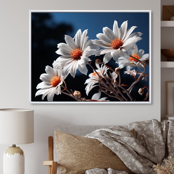 Designart "White Daisies landscape Sunrise II" Floral Floater Framed Canvas Print