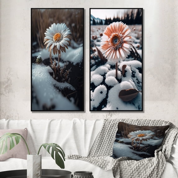 Designart "White Daisy in Winter Bloom" Daisy Framed Wall Art Set Of 2 - White Floral Framed Canvas Set For Living Room Decor